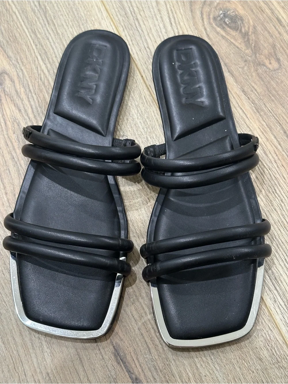 DKNY Black Triple-Strap Slide Sandals with Metallic Trim